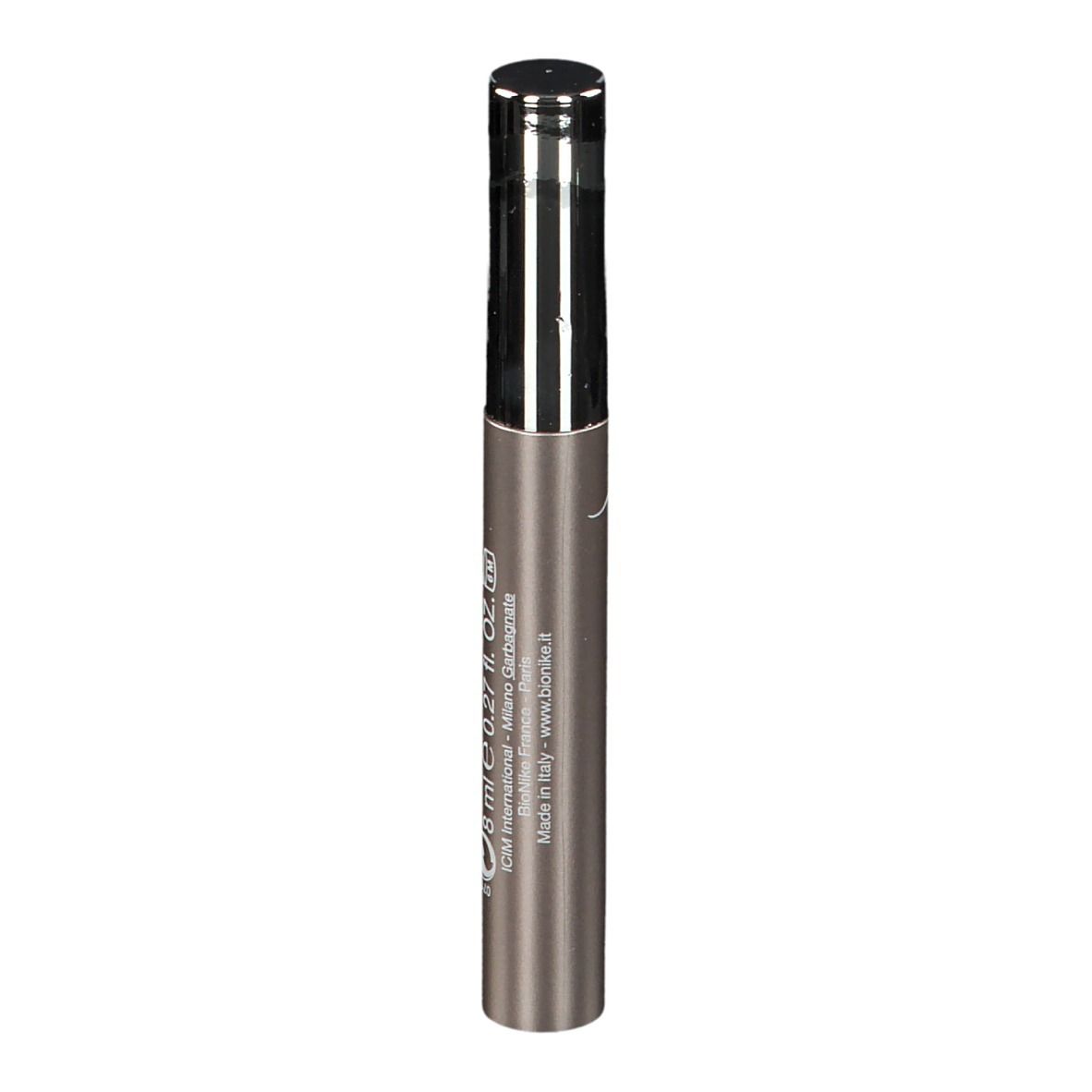 Tube de mascara avec bouchon argenté. Inscription: 8 ml 0,27 fl. oz. Marque: BioNike.