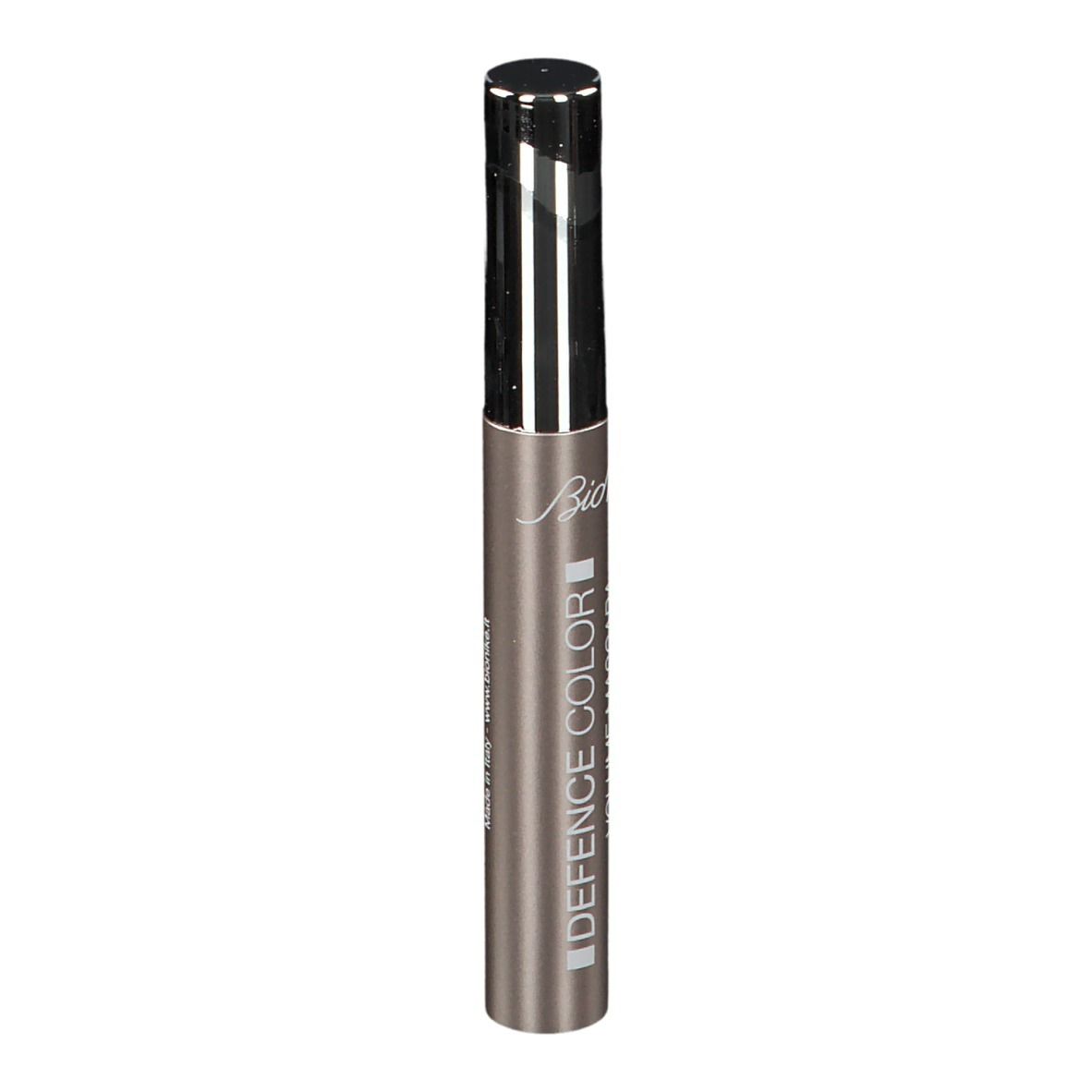 Tube de mascara avec bouchon argenté. Inscription: BioNike. Fabriqué en Italie.