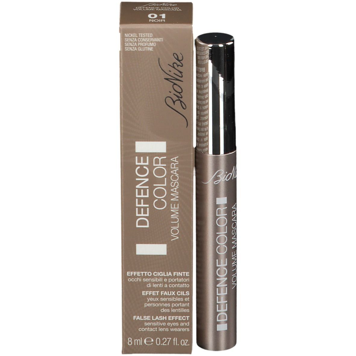 Tube de mascara avec bouchon argenté. Inscription: DEFENCE COLOR VOLUME MASCARA. Marque: BioNike.
