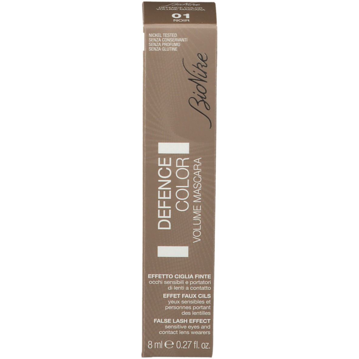 Tube de mascara et emballage. Inscription: DEFENCE COLOR VOLUME MASCARA. Marque: BioNike.