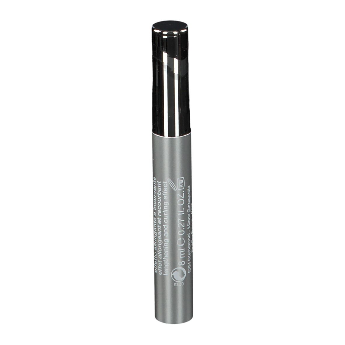 Tube de mascara argenté avec bouchon noir. Texte: 8 ml 0.27 fl. oz. CM International, Milano, Garda.