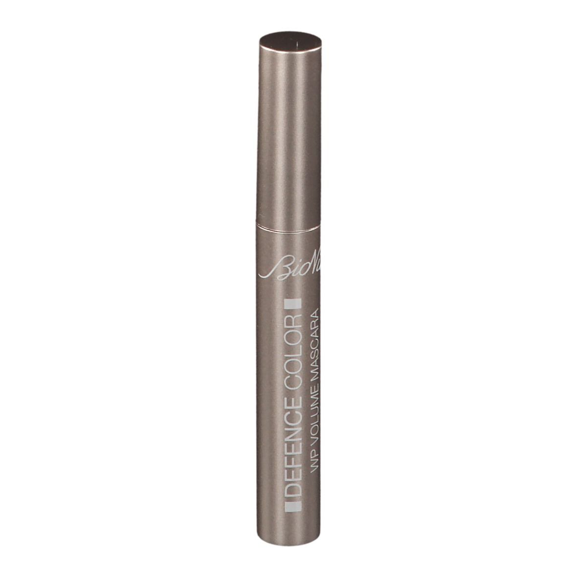 Mascara-Tube, silberfarben. Schriftzug: Defence Color WP Volume Mascara.