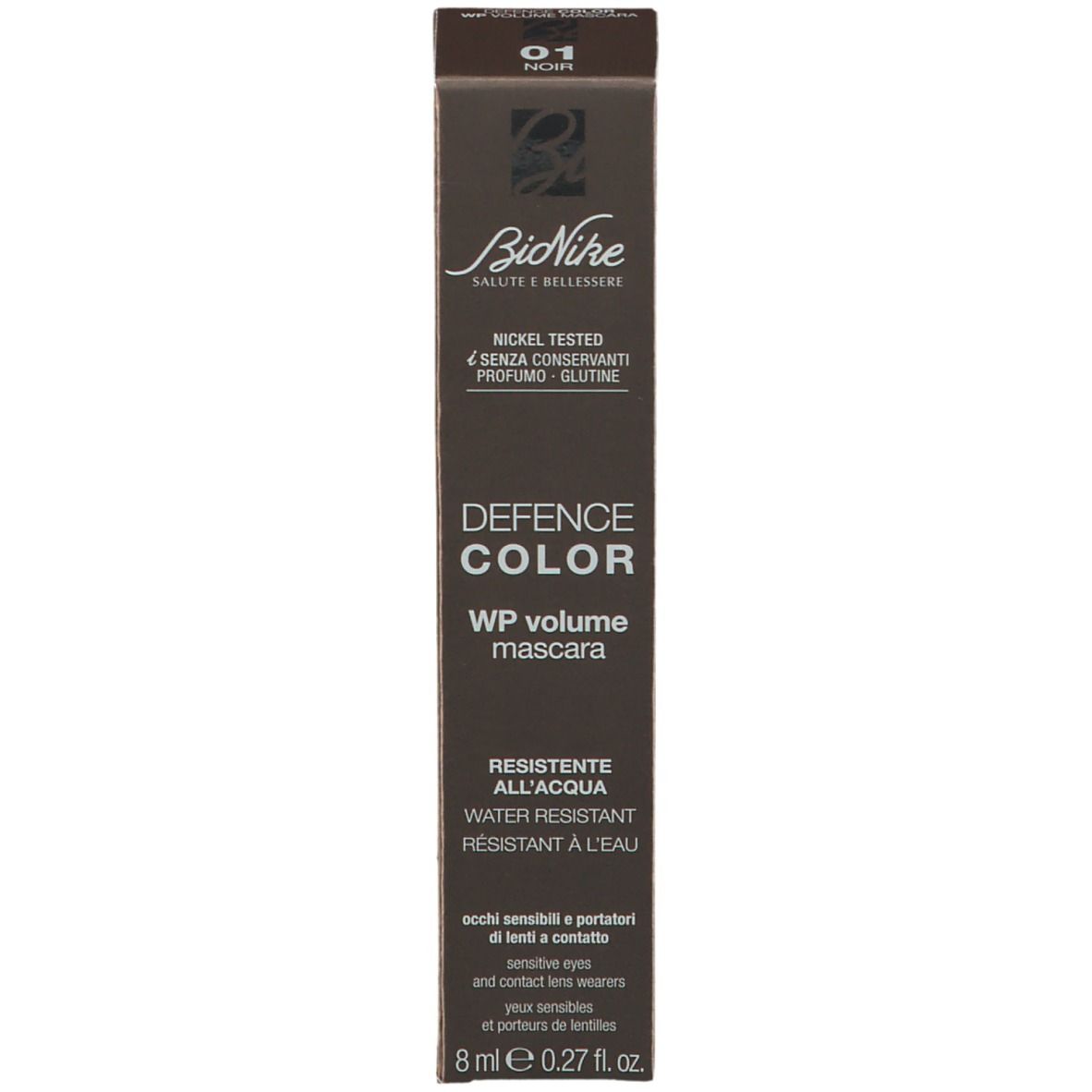 Verpackung mit Mascara-Tube. Schriftzug: Defence Color WP Volume Mascara. Braun, 8 ml.