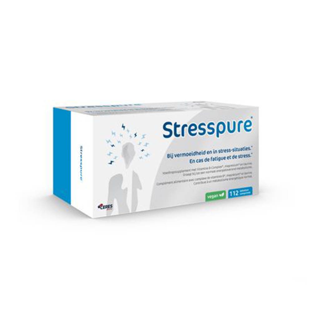 Witte doos "Stresspure" met tekst en illustratie. Bevat 112 tabletten. Vegan.