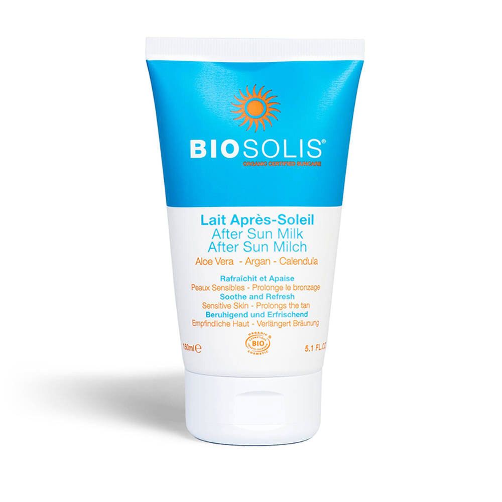 Tube mit After Sun Milk. Blauer Deckel und Schriftzug BIO SOLIS. Text: Lait Après-Soleil, After Sun Milk.