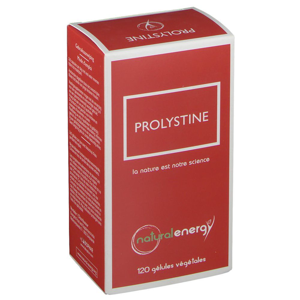 Boîte rouge avec cadre blanc et texte PROLYSTINE. Logo Natural Energy. 120 gélules végétales.