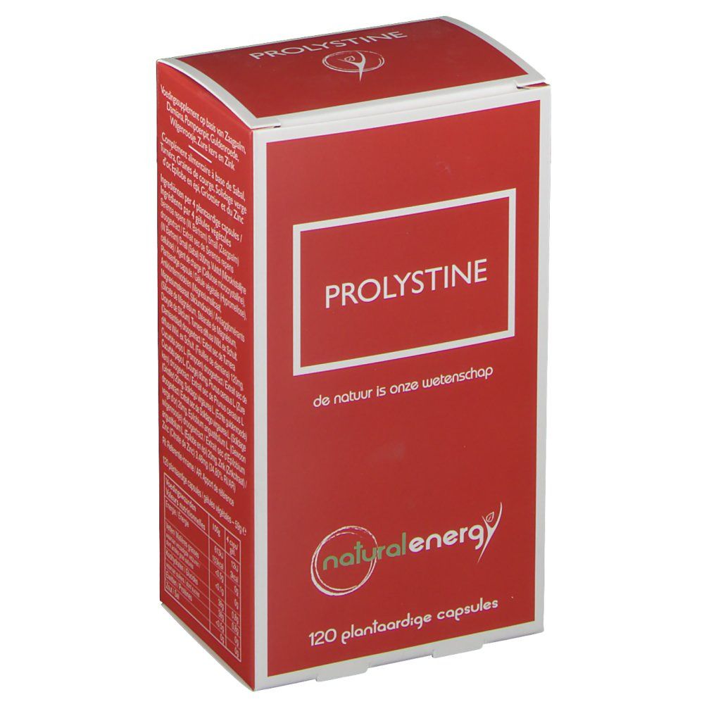 Boîte rouge avec cadre blanc et texte PROLYSTINE. Logo Natural Energy. 120 gélules végétales.