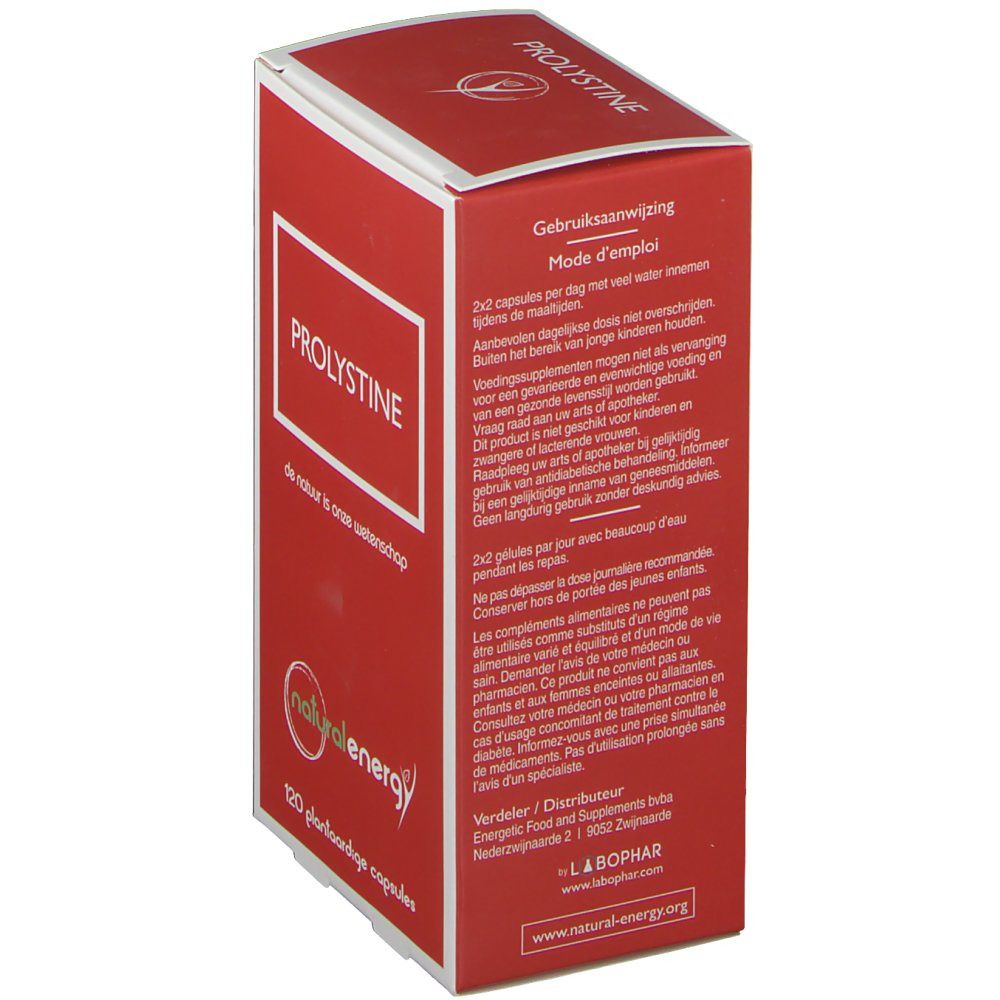Boîte rouge avec texte PROLYSTINE. Logo Natural Energy. 120 gélules végétales. Mode d'emploi.