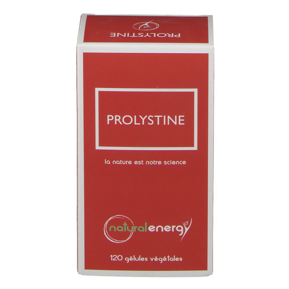 Boîte rouge avec cadre blanc et texte PROLYSTINE. Logo Natural Energy. 120 gélules végétales.