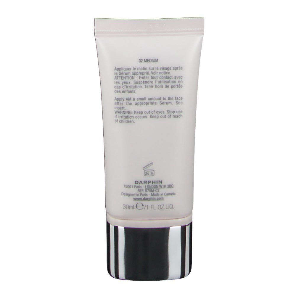 Witte crèmetube met zilveren dop. Tekst: DARPHIN, 30ml, 1 fl. oz. UQ. Opschrift: 02 MEDIUM. Productinformatie.