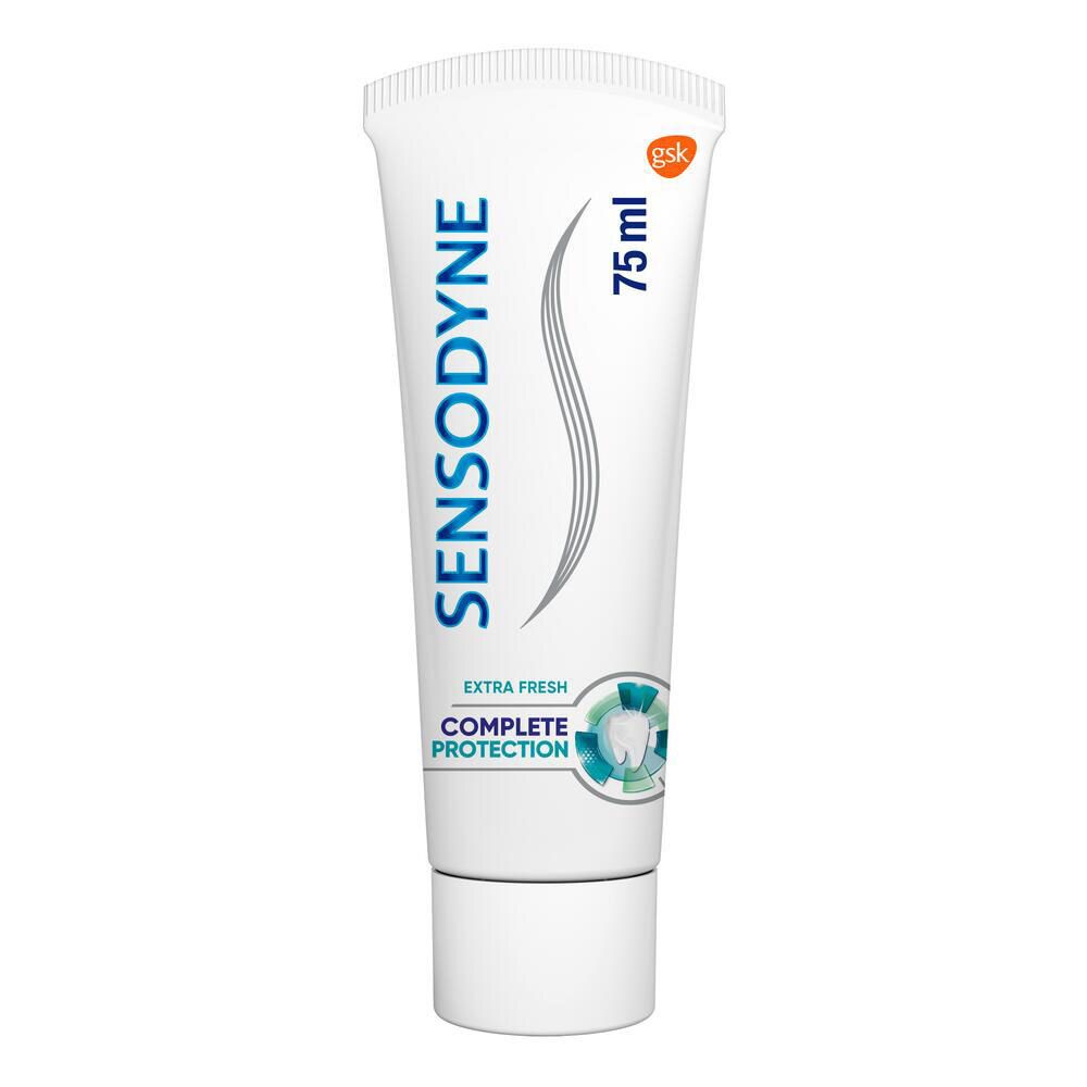 Tube de dentifrice SENSODYNE, 75ml. Inscription bleue, Extra Fresh, Complete Protection. Design blanc avec éléments bleus.