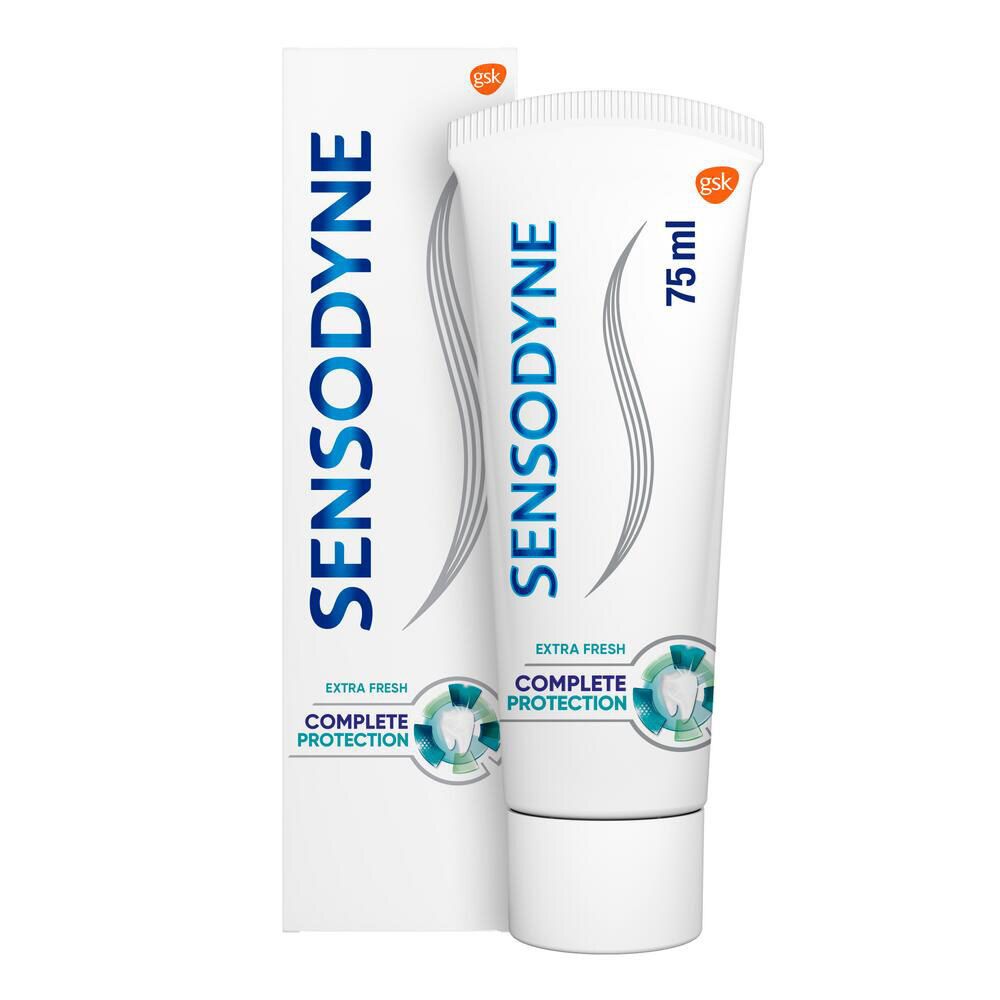 Tube et boîte de dentifrice. Inscription SENSODYNE, 75ml. Extra Fresh, Complete Protection. Design blanc avec éléments bleus.