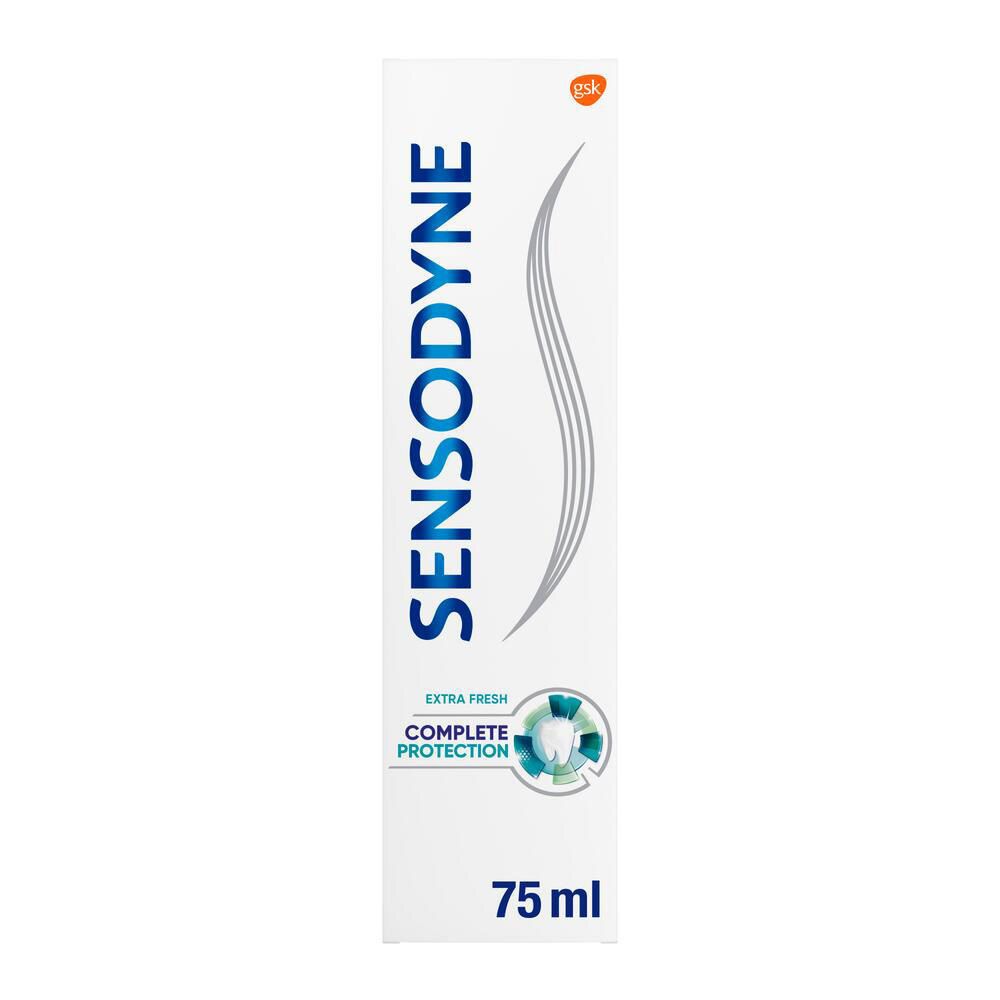 Boîte de dentifrice avec inscription SENSODYNE, 75ml. Extra Fresh, Complete Protection. Design blanc avec éléments bleus.