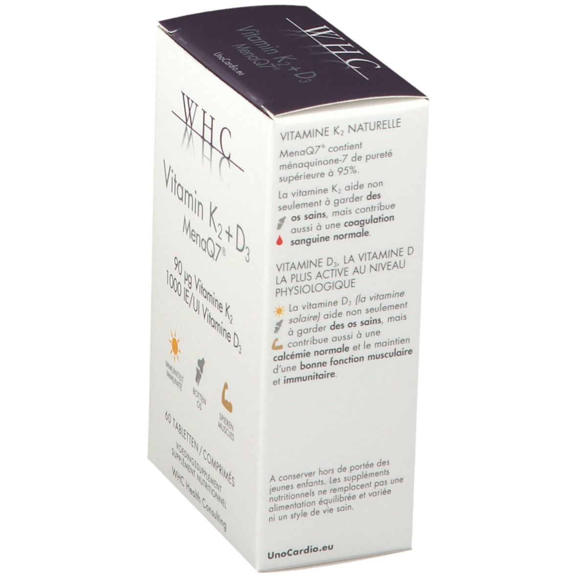 Vue latérale de l'emballage blanc. Texte : Vitamine K2 naturelle, Vitamine D, ingrédients, mode d'emploi. WHC Health Consulting.