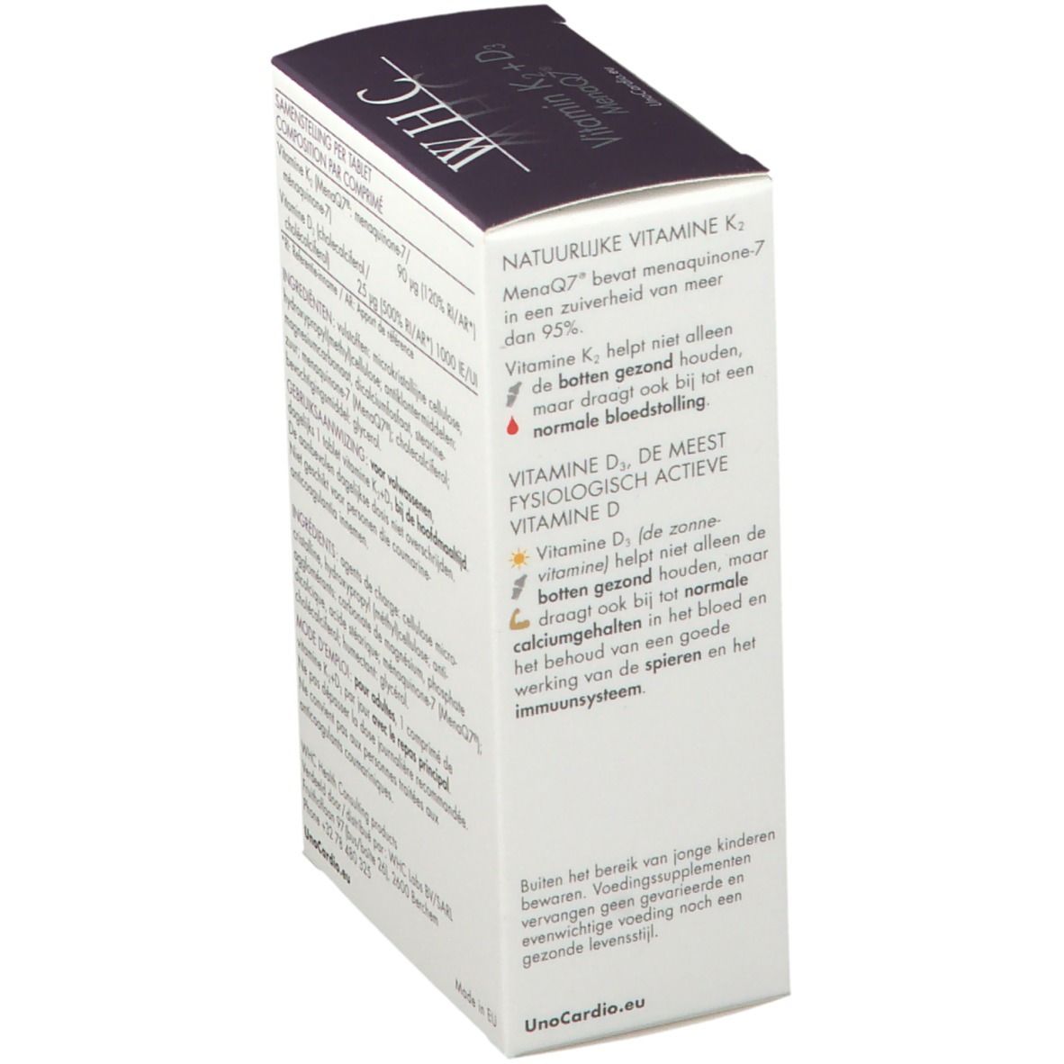 Vue latérale de l'emballage blanc. Texte : Vitamine K naturelle, Vitamine D, WHC Health Consulting, UnoCardio.eu.