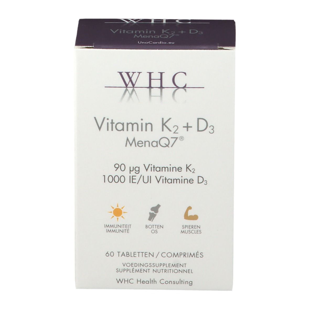 Boîte blanche avec logo WHC et inscription Vitamin K2 + D3 MenaQ7®. Contient 60 comprimés. Illustrations : soleil, os, muscles.