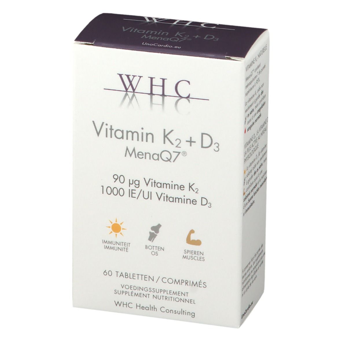 Boîte blanche avec logo WHC et inscription Vitamin K2 + D3 MenaQ7®. Contient 60 comprimés. Illustrations : soleil, os, muscles.