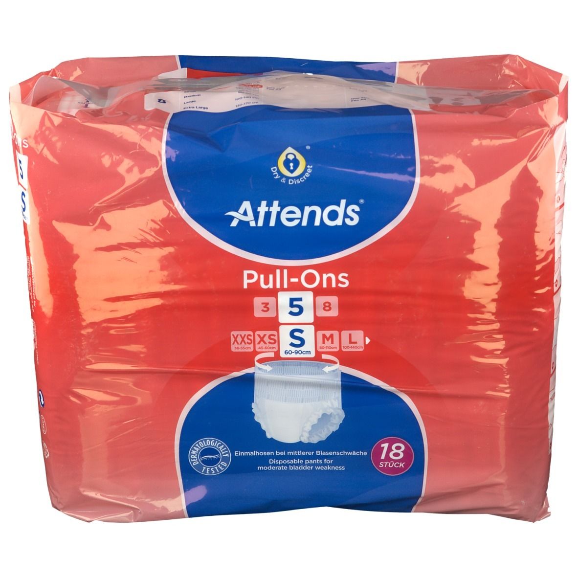 Paquet Attends® Pull-Ons, taille S. Emballage rouge et bleu avec image du produit et indications de taille. 18 pièces.