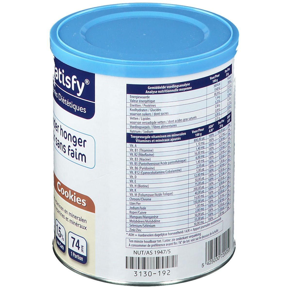 Dos de la boîte. Contient des informations nutritionnelles, des tableaux de vitamines et minéraux. Bouchon bleu, forme cylindrique.