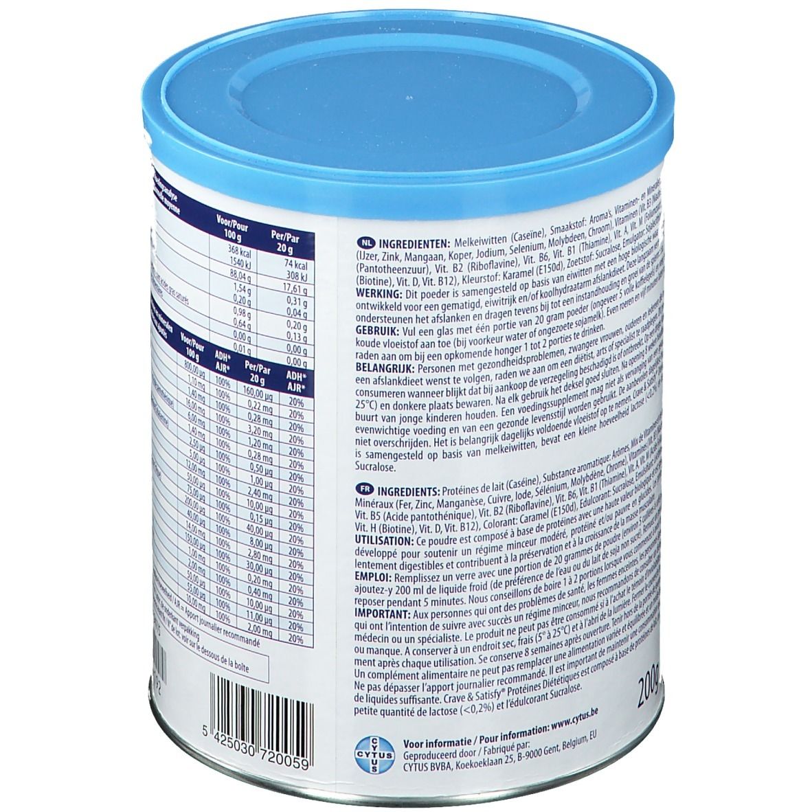 Boîte avec couvercle bleu. Contient des ingrédients et des informations nutritionnelles. Forme cylindrique. Texte multilingue.