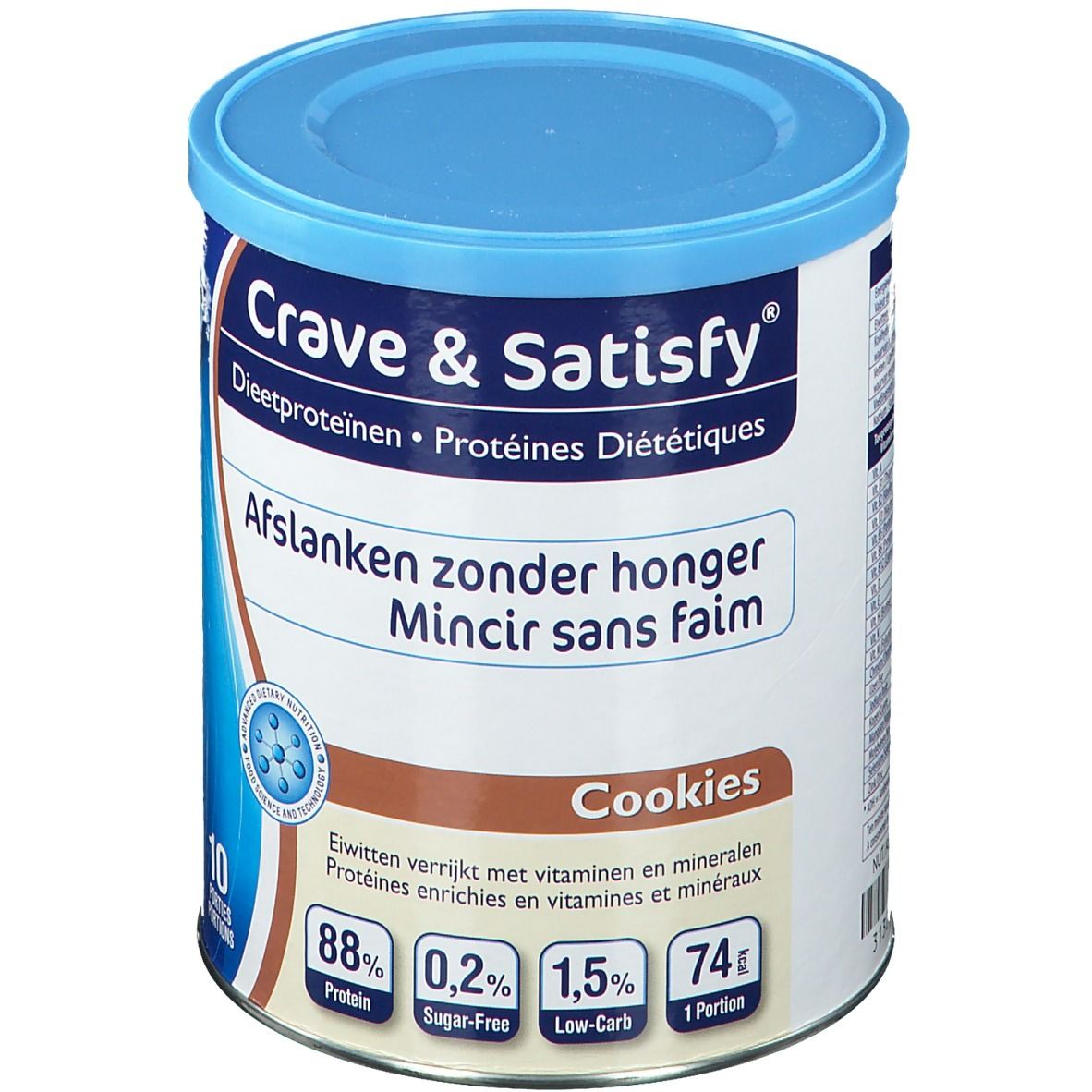 Boîte cylindrique avec couvercle bleu. Inscription : Crave & Satisfy, Cookies protéinés diététiques. Informations nutritionnelles.