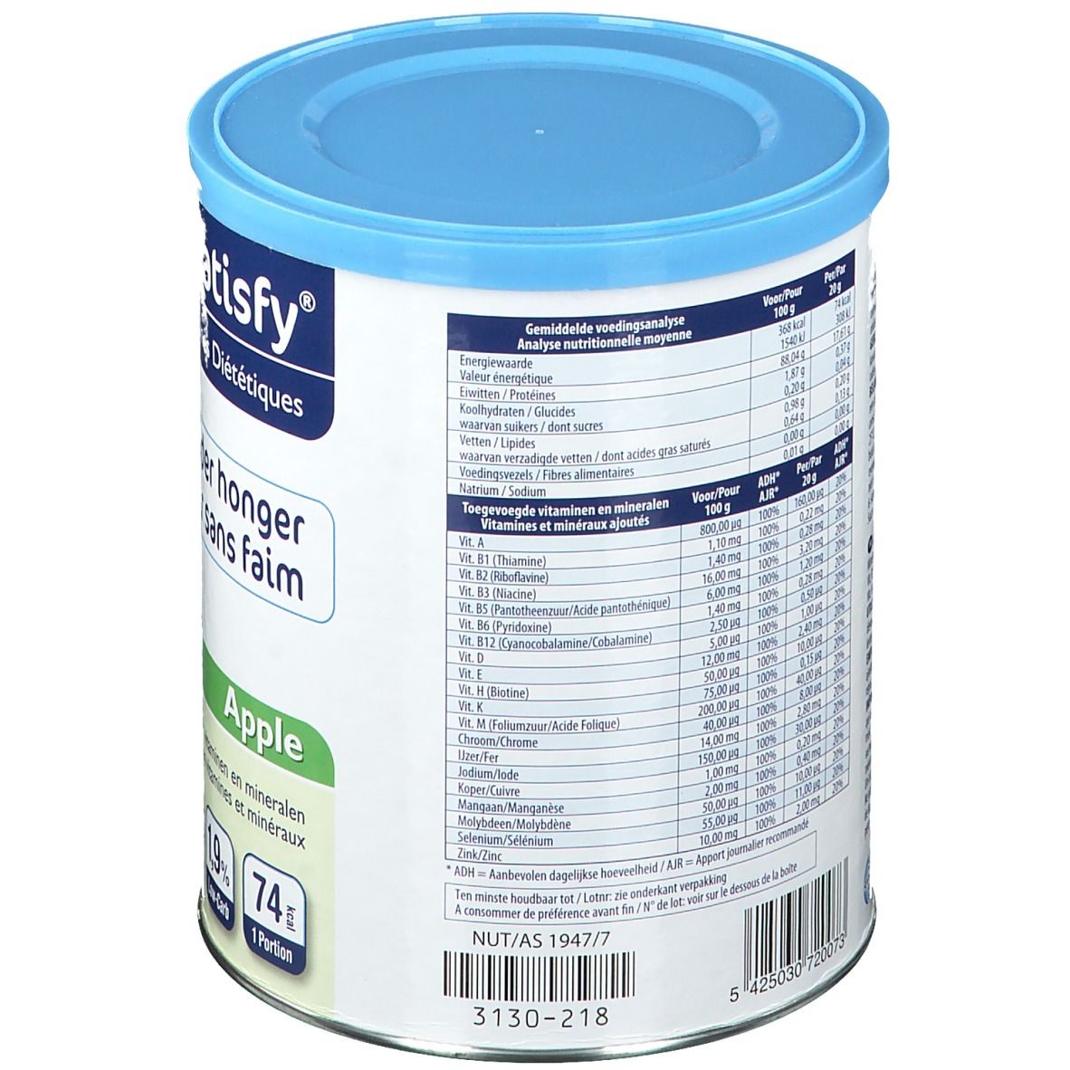 Rückseite der Dose Crave & Satisfy. Enthält Nährwertanalyse, Zutatenliste, Vitamine und Mineralien. Code: 3130-218.