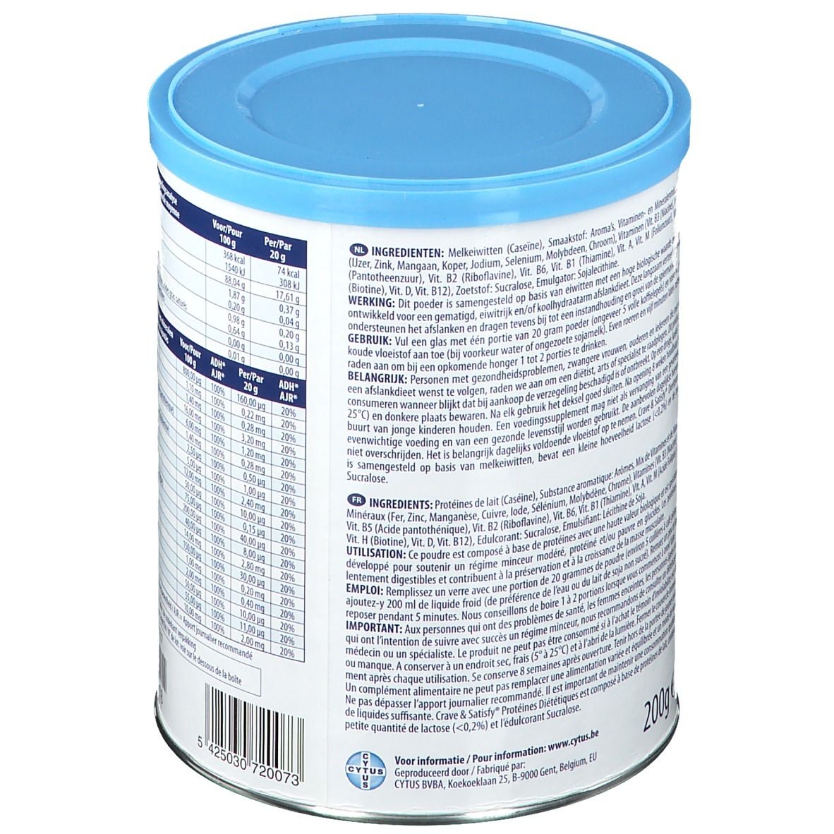 Rückseite der Dose Crave & Satisfy. Enthält Zutatenliste, Gebrauchsanweisung und Nährwertangaben. 200g. Code: 5425030720073.