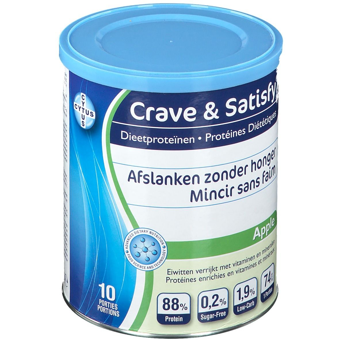 Crave & Satisfy Dose, blau und weiß. Aufschrift: Diätproteine, Apfel. 10 Portionen, 88% Protein, 0,2% Zucker, 1,9% Low-Carb.