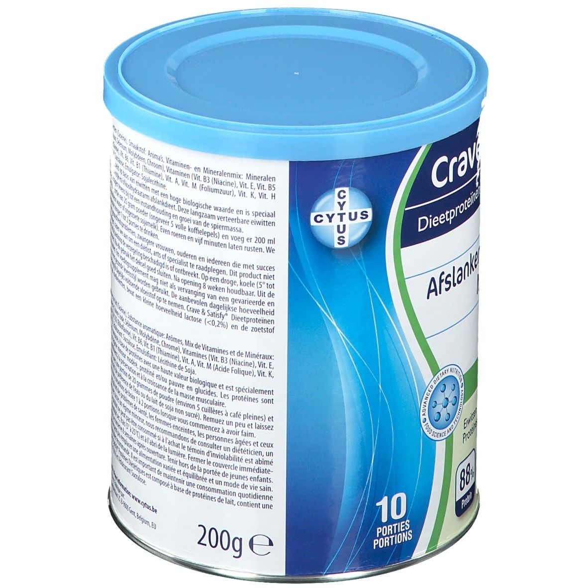 Crave & Satisfy Dose, blau und weiß. Aufschrift: Diätproteine, Apfel. 10 Portionen, 88% Protein. 200g. CYTUS-Logo.