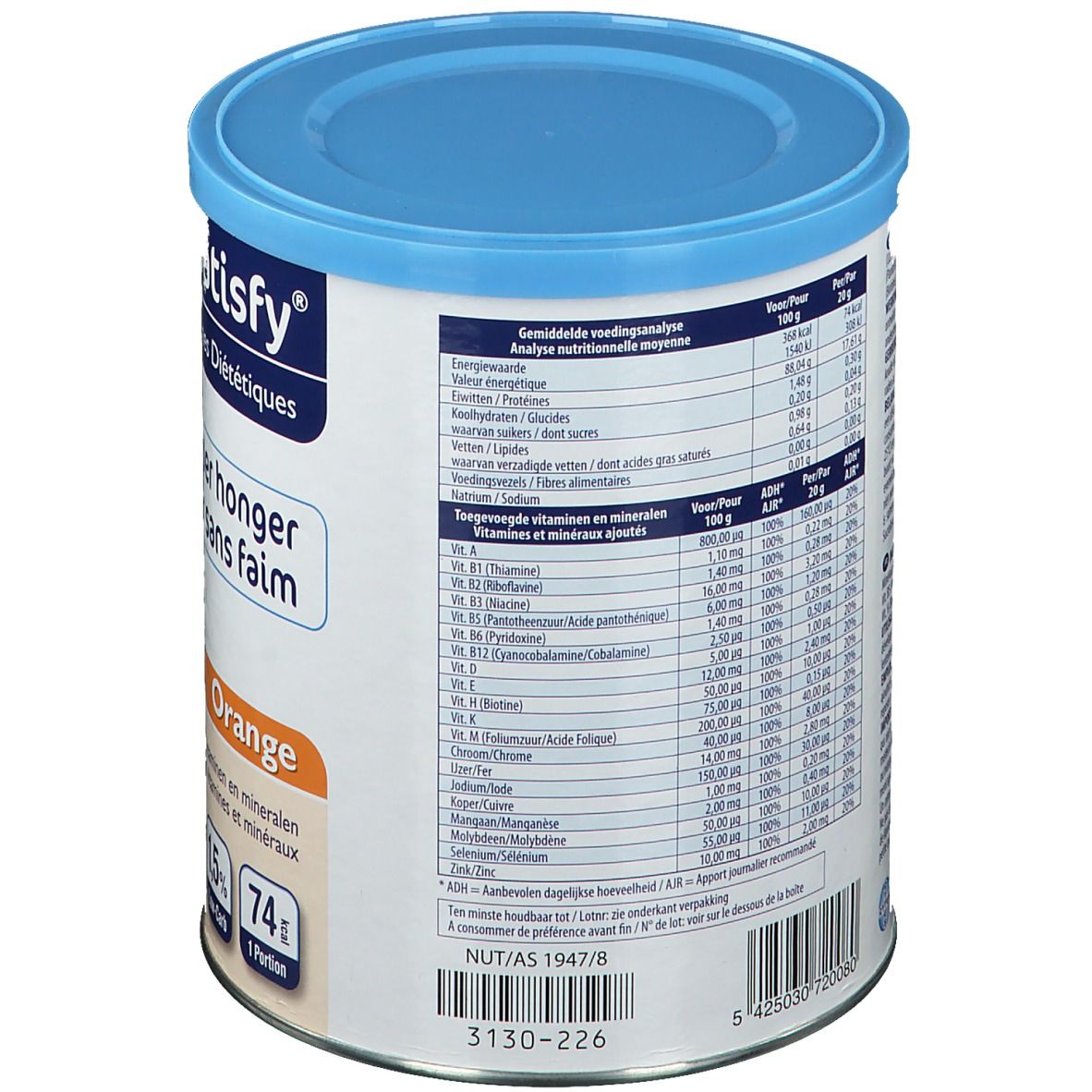 Dos de la boîte Crave & Satisfy Protein Orange. Couvercle bleu. Informations nutritionnelles et liste des ingrédients. 200g.