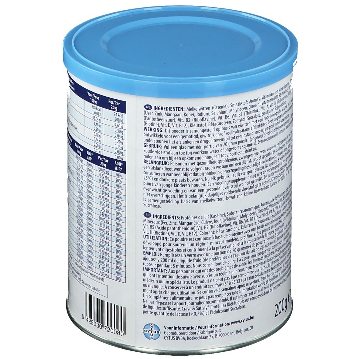 Dos de la boîte Crave & Satisfy Protein Orange. Couvercle bleu. Liste des ingrédients et mode d'emploi. 200g.