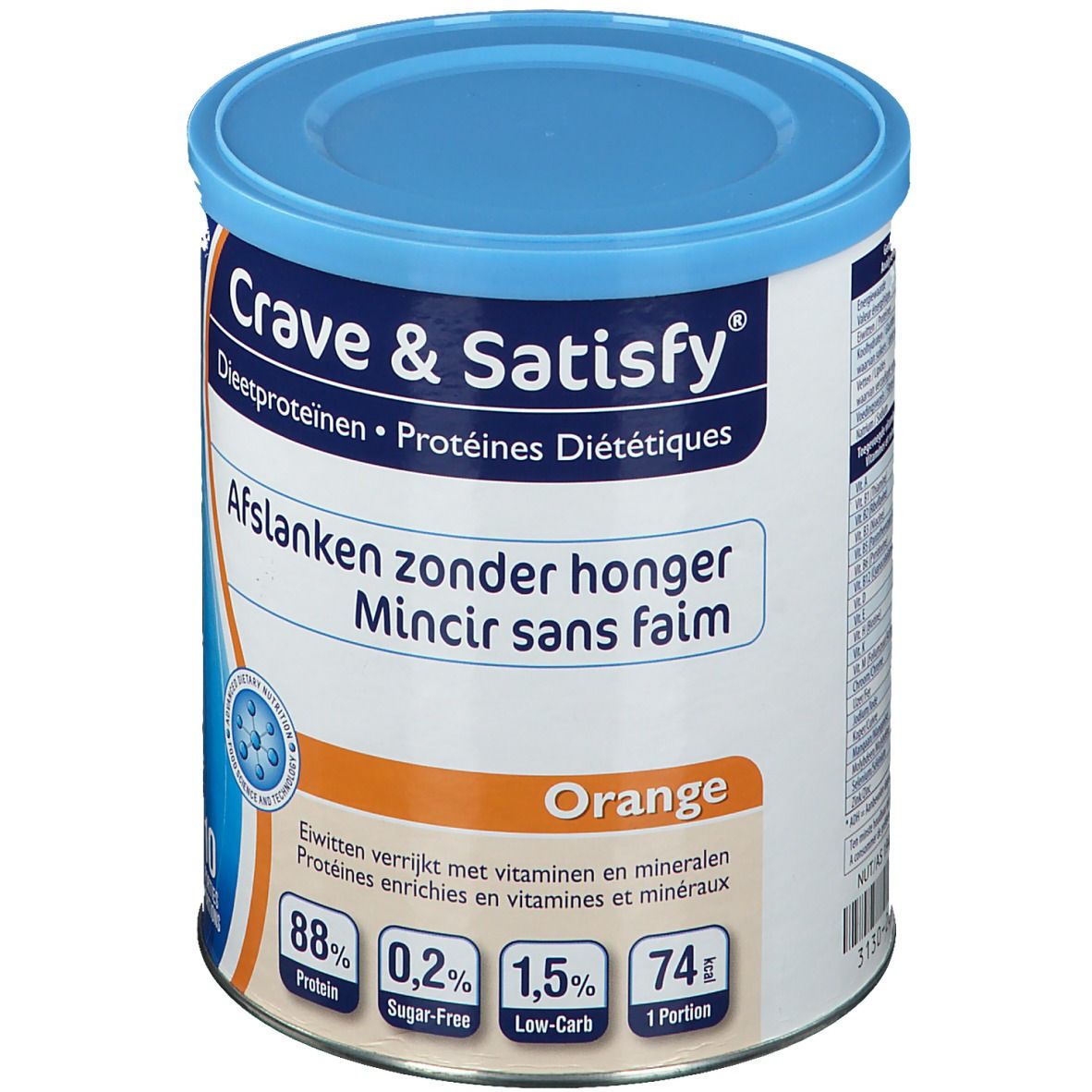Boîte Crave & Satisfy Protein Orange. Couvercle bleu. Inscription: Protéines Diététiques, Mincir sans faim, 88% Protéines, 0,2% Sans sucre.