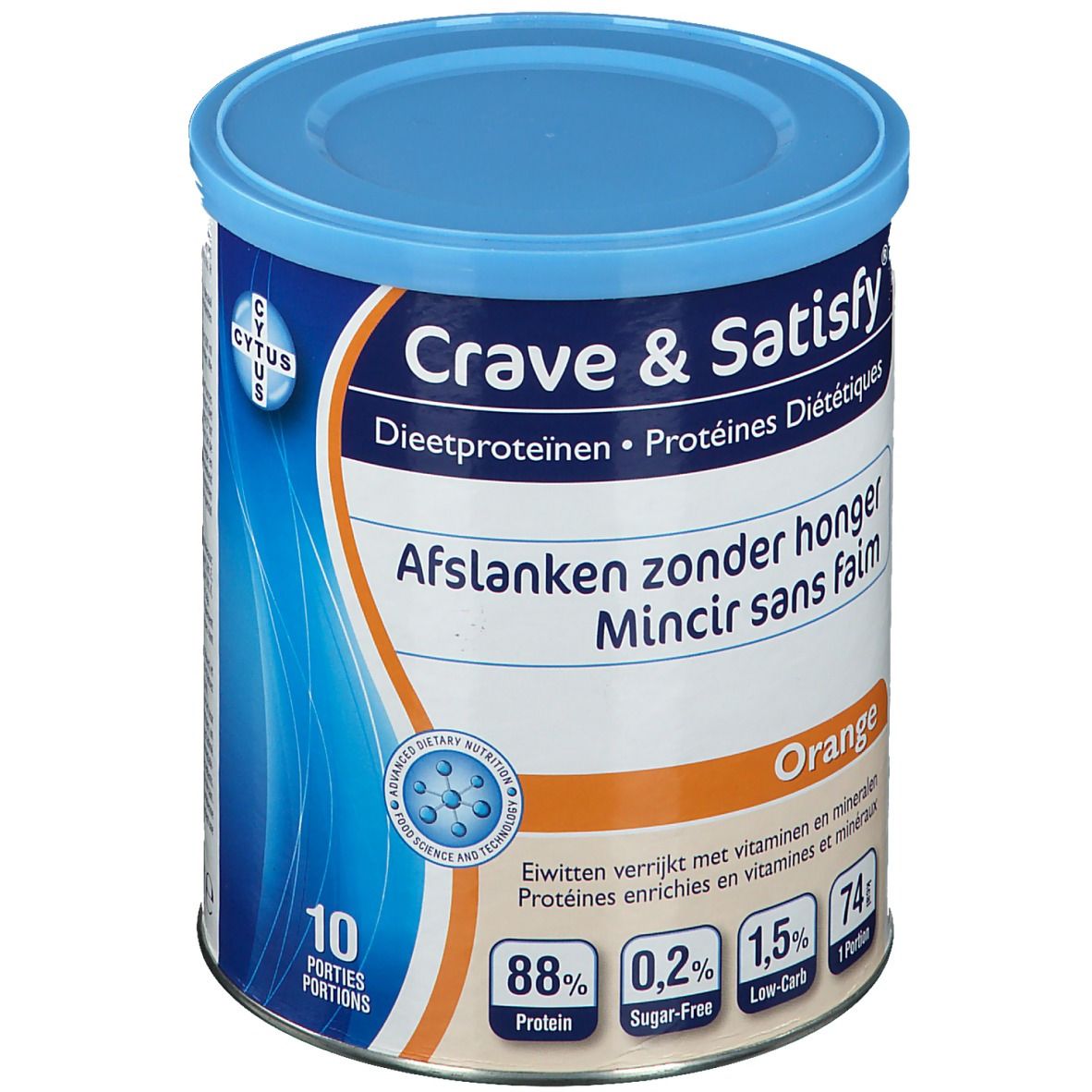 Boîte Crave & Satisfy Protein Orange. Couvercle bleu. Inscription: Protéines Diététiques, Mincir sans faim, 88% Protéines, 0,2% Sans sucre. 10 portions.