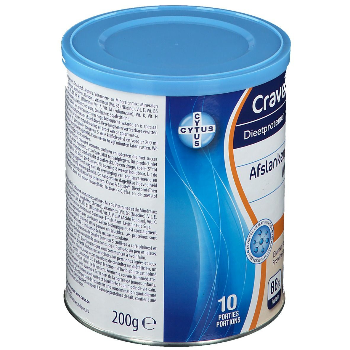 Dos de la boîte Crave & Satisfy Protein Orange. Couvercle bleu. Informations nutritionnelles, ingrédients et mode d'emploi. 200g. 10 portions.