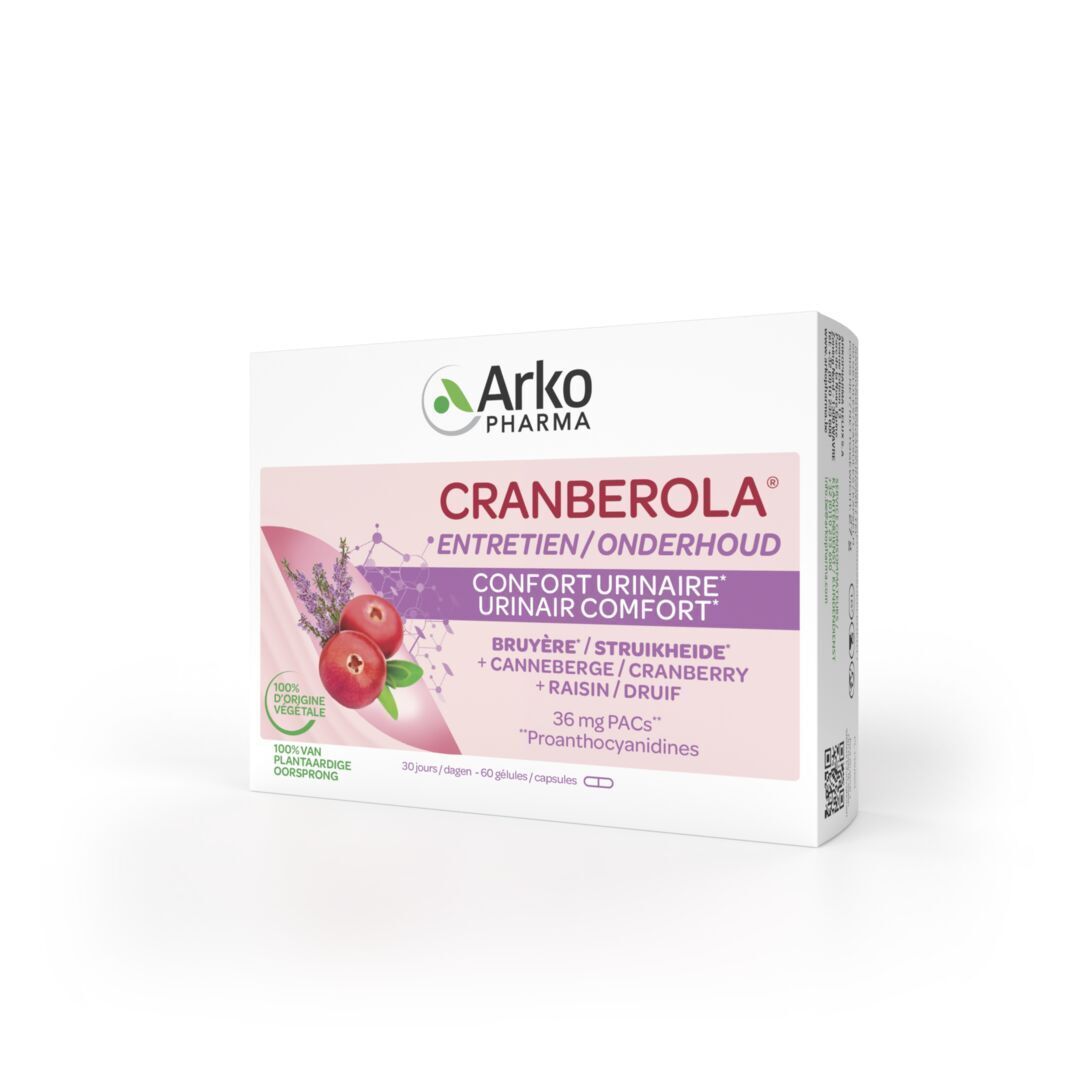 Cranberola 36mg doos. Opschrift: Entretien/Onderhoud, Urinaire Comfort, 36 mg PACs. Illustratie van veenbessen en lavendel. 100% plantaardig.