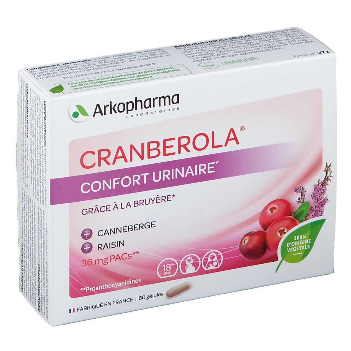 Doos Cranberola 36mg. Opschrift: Confort Urinaire, 36 mg PACs. Illustratie van veenbessen en lavendel. 100% plantaardige oorsprong.