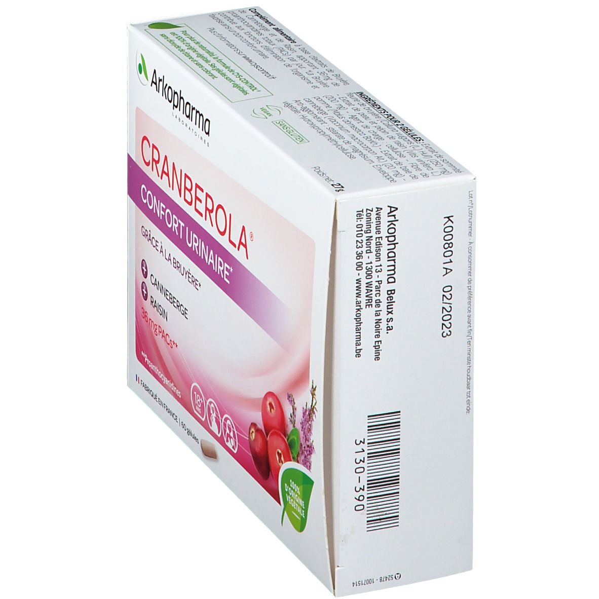 Cranberola 36mg doos, schuin van bovenaf. Opschrift: Confort Urinaire, 36 mg PACs. Illustratie van veenbessen en lavendel. 100% plantaardig.