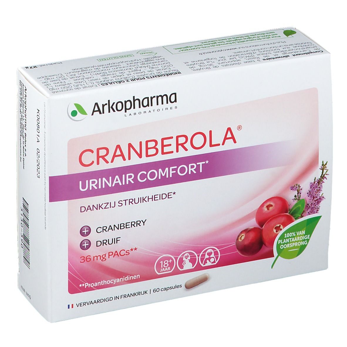 Doos Cranberola 36mg. Opschrift: Urinair Comfort, 36 mg PACs. Illustratie van veenbessen en lavendel. 100% plantaardige oorsprong.