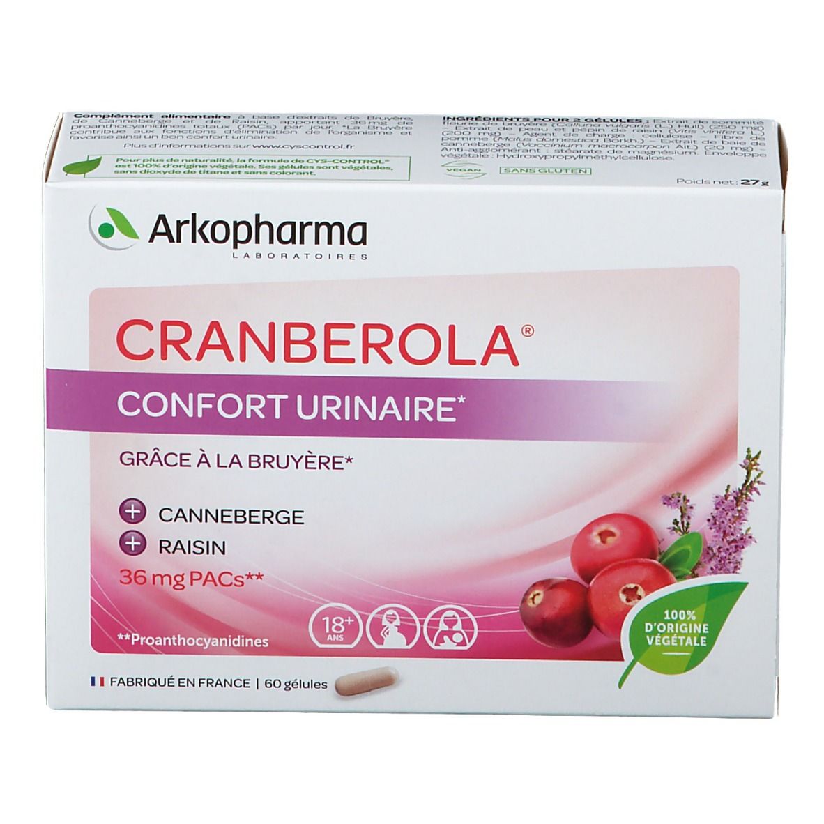 Doos Cranberola 36mg. Opschrift: Confort Urinaire, 36 mg PACs. Illustratie van veenbessen en lavendel. 100% plantaardige oorsprong.