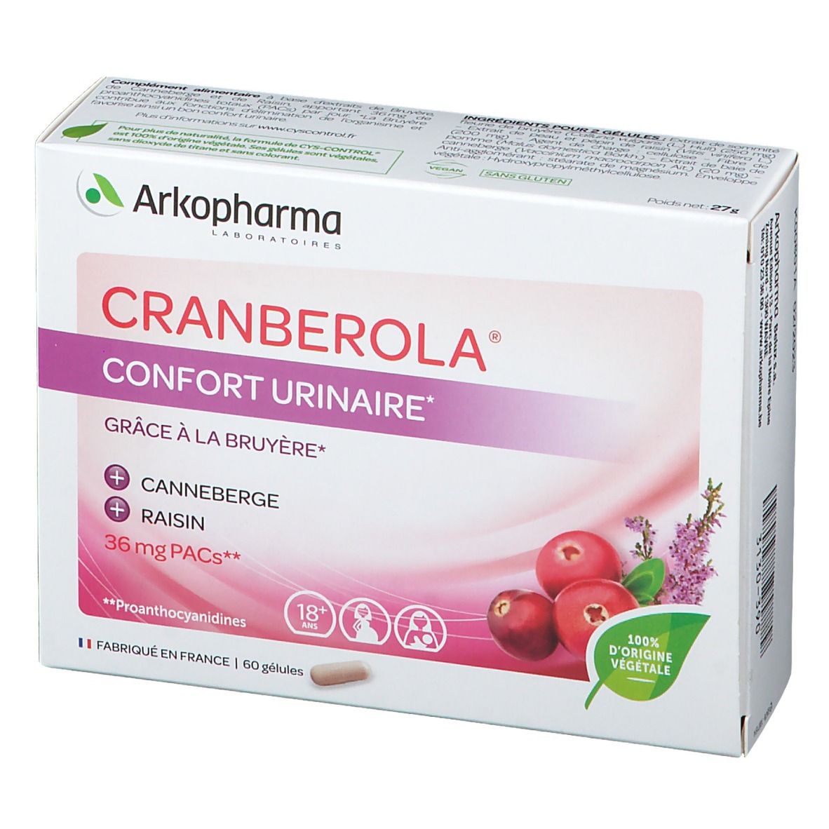 Doos Cranberola 36mg. Opschrift: Confort Urinaire, 36 mg PACs. Illustratie van veenbessen en lavendel. 100% plantaardige oorsprong.