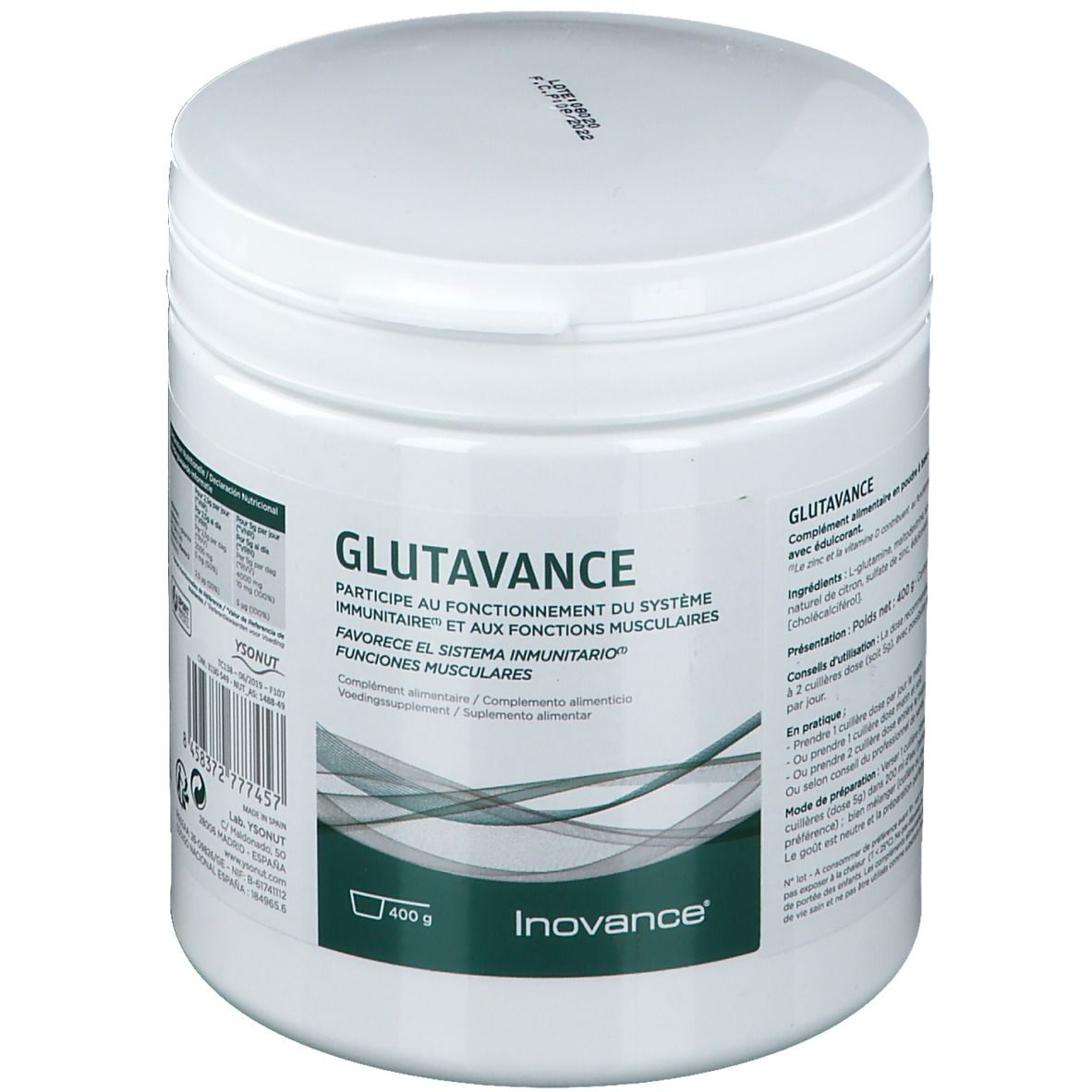 Pot blanc avec couvercle. Inscription : GLUTAVANCE, Inovance. 400 g. Texte en français et espagnol.