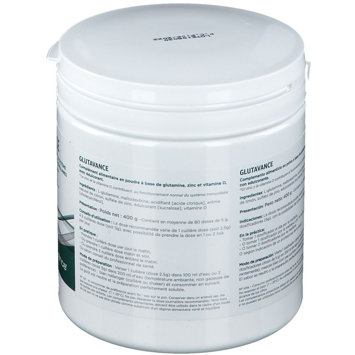Pot blanc avec couvercle. Dos avec texte en français. Inscription : GLUTAVANCE. 400 g.