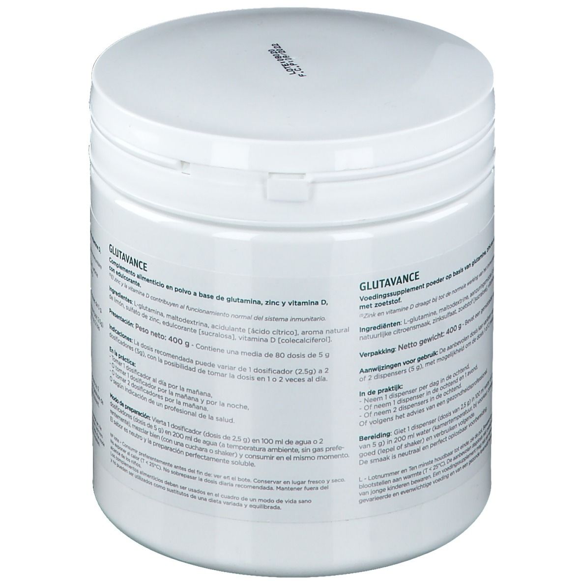 Pot blanc avec couvercle. Dos avec texte en français, espagnol et néerlandais. Inscription : GLUTAVANCE. 400 g.