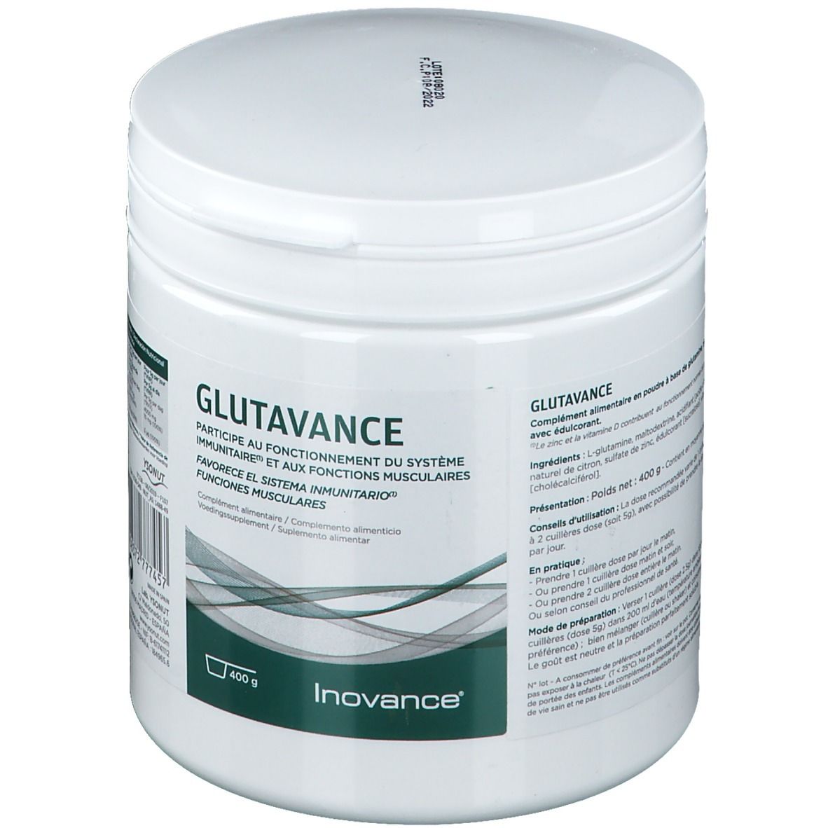 Pot blanc avec couvercle. Inscription : GLUTAVANCE, Inovance. 400 g. Texte en français et espagnol.