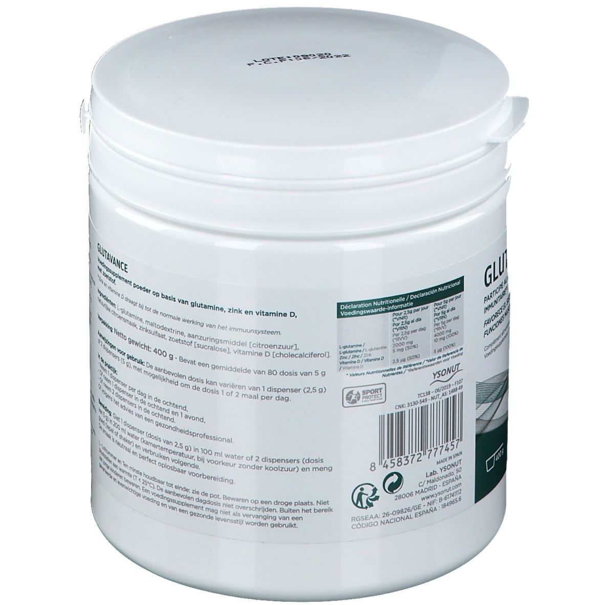 Pot blanc avec couvercle. Dos avec texte en français, espagnol et néerlandais. Inscription : GLUTAVANCE. 400 g.