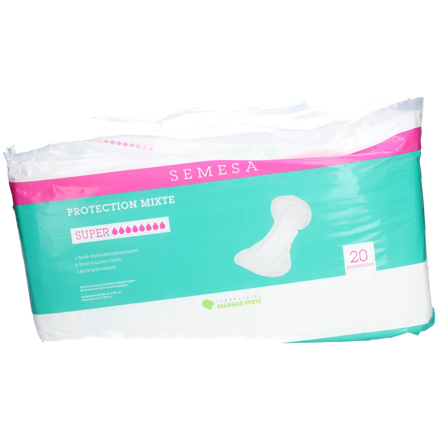 Paquet de serviettes. Texte: Semesa, Protection Mixte Super. 20 pièces. Marque Verte.