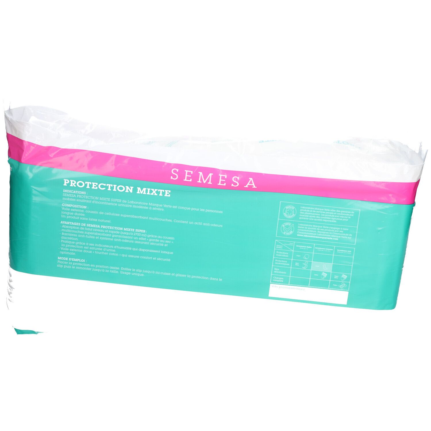 Paquet de serviettes. Texte: Semesa, Protection Mixte. Marque Verte.