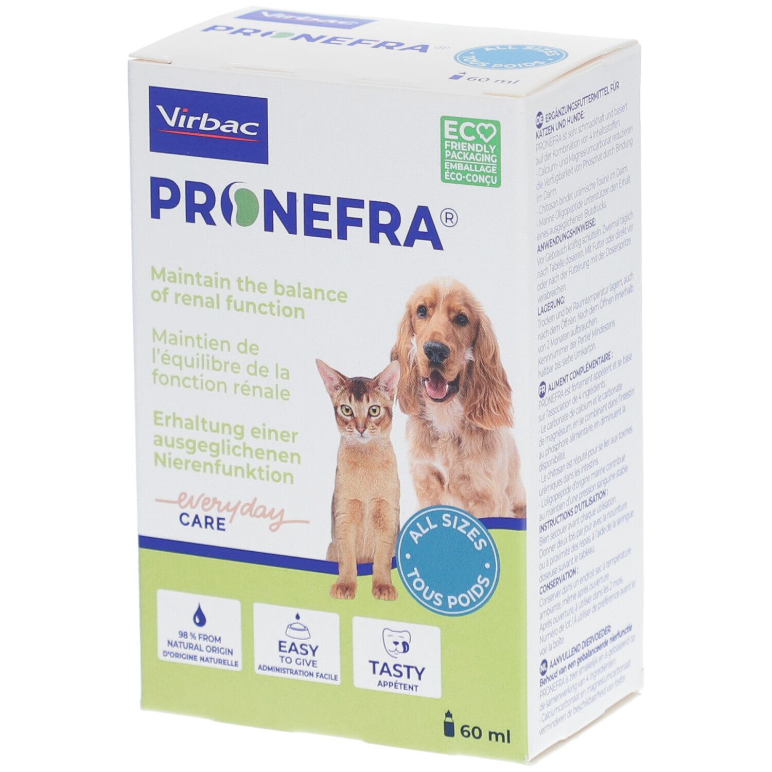 Boîte Pronefra avec chat et chien. Texte: Maintenir l'équilibre de la fonction rénale. 60 ml. Emballage recyclable.