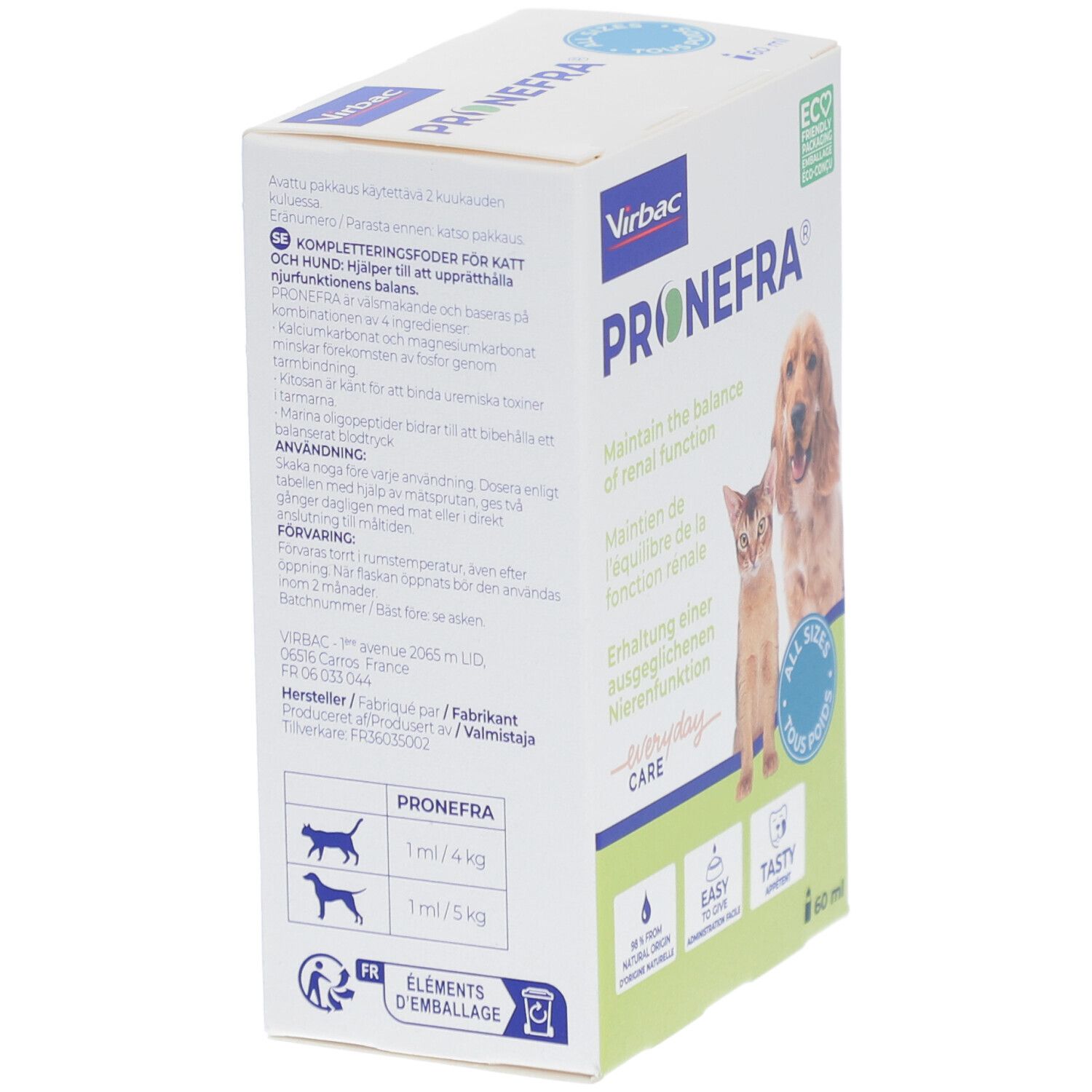 Vue latérale de la boîte Pronefra. Texte multilingue. Dosage chat et chien. Emballage écologique.