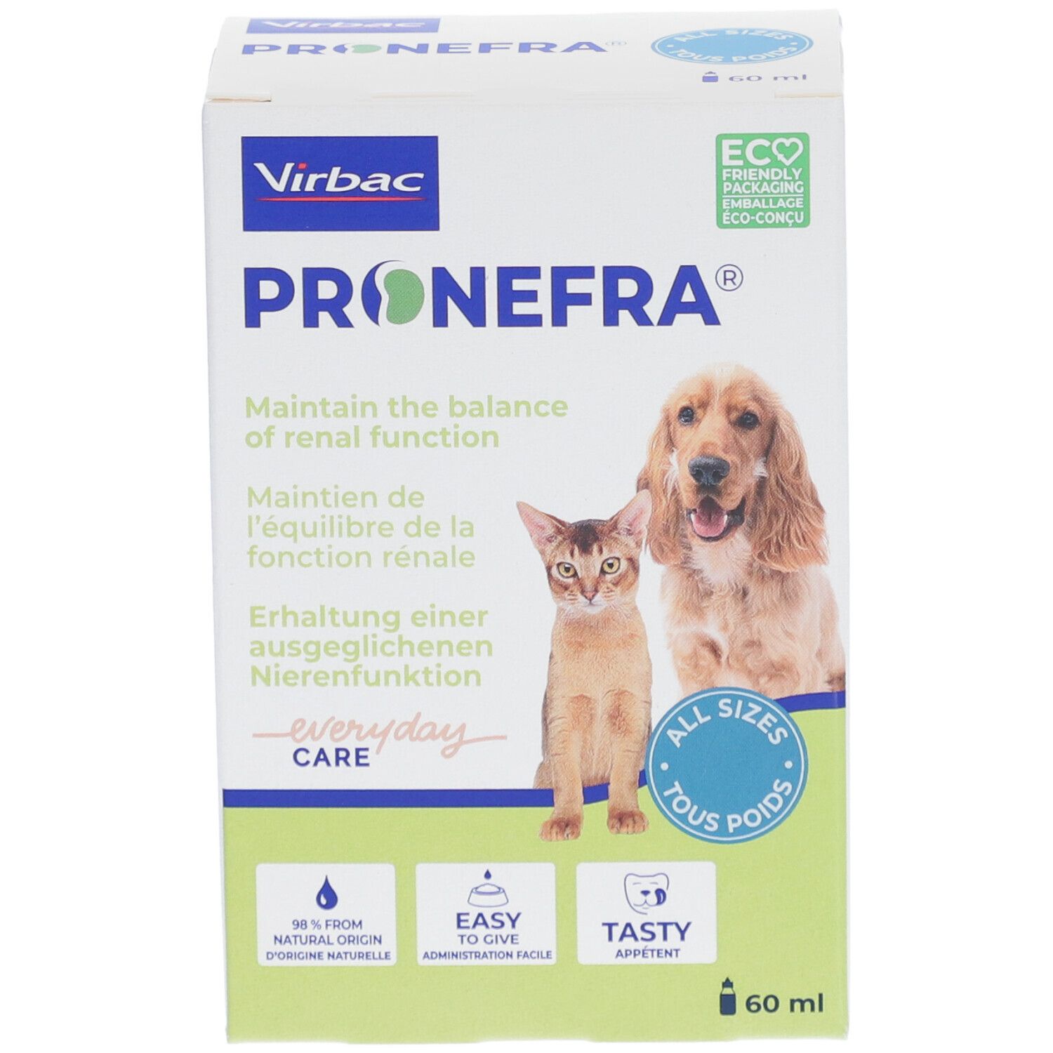 Boîte Pronefra avec chat et chien. Texte: Maintenir l'équilibre de la fonction rénale. 60 ml. Emballage recyclable.